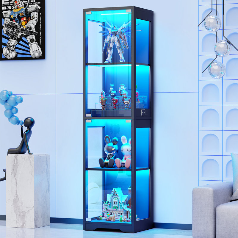 Glass Display Cabinet, 4-Tier Curio Cabinet with 3 Color Lights for Collectibles, Bookshelf with Door, Glass Display Case with Human Body Sensor