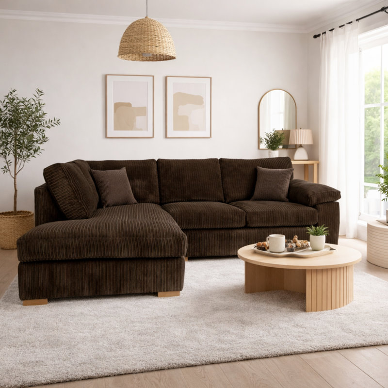 4 Seater Corduroy Sofa & Chaise, Left Hand Facing, Brown
