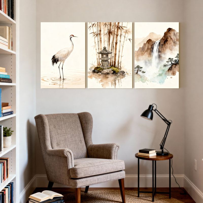 Ensemble de 3 tableaux sur toile tendue représentant une grue japonaise, une lanterne en bambou et une cascade de montagne