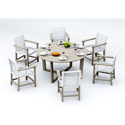 7 Pcs Grade-A Weathered Teak Wood Dining Set: 60" Sema Round Table And 6 Alsoi Arm Chairs #11AI3506