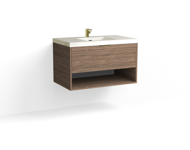 Modo 36" W Wall Mounted Single Bathroom Vanity, Matte White/Single, Nocino, Satin Brass