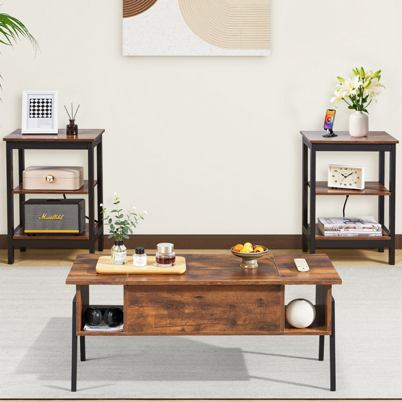 Table basse à plateau relevable et table de bout avec ports USB de rangement, Brun