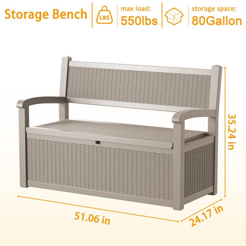 100 Gallon Outdoor Storage Bench, Waterproof Resin Deck Box with Lockable Lid, 600 lb. Weight Capacity, Patio Cushion & Pool Storage