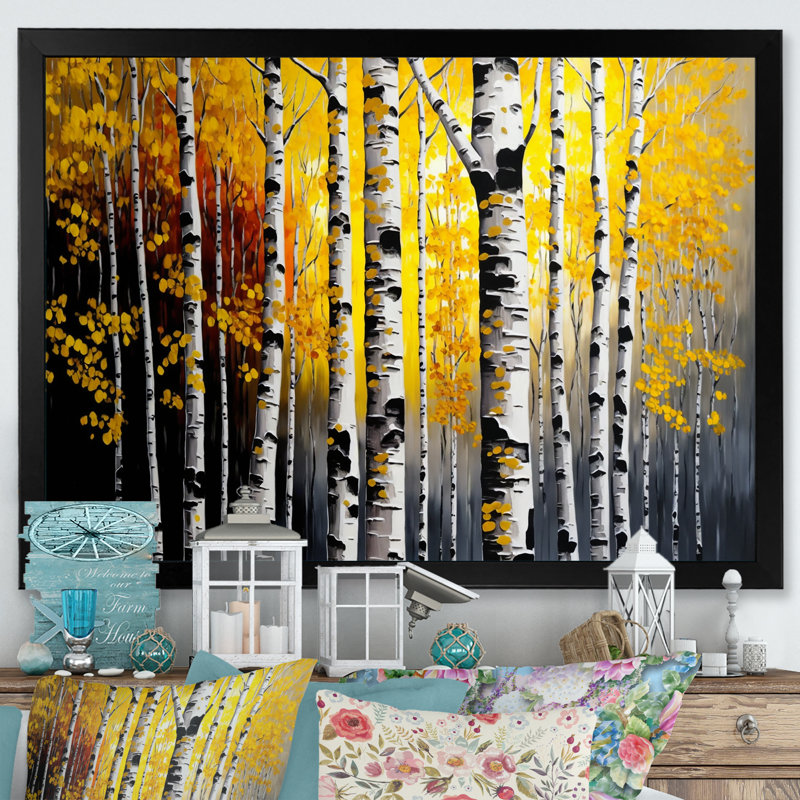 Into A Golden Birch Forest VI - Art mural sur toile paysage, H 12 po x l 20 po x P 1 po, Impression noire sur toile encadrée