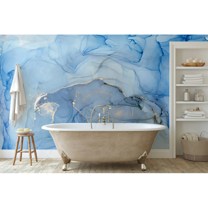 Papier peint marbré à l'encre bleue avec veines dorées, L 99,96 po x l 150 po