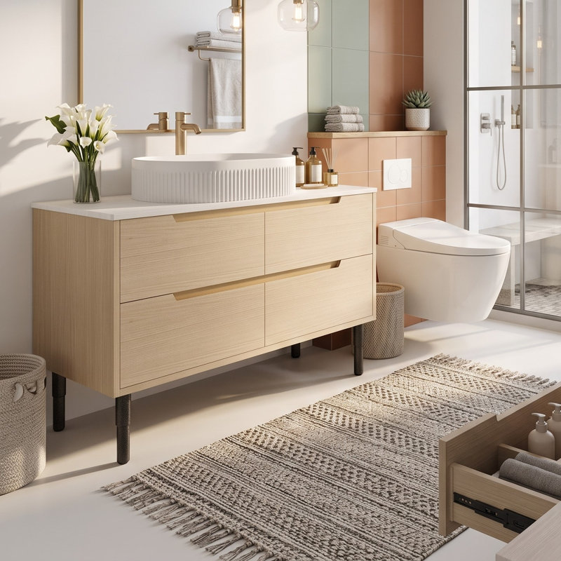 Meuble-lavabo autoportant ou mural avec lavabo intégré en céramique