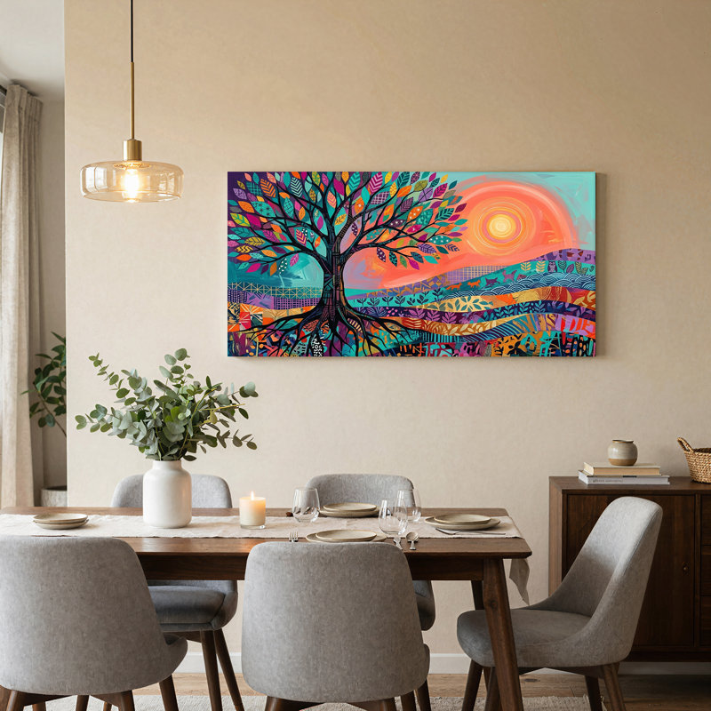 Art mural sur toile avec motif de soleil tourbillonnant orange et montagnes superposées, L 40 po x H 20 po
