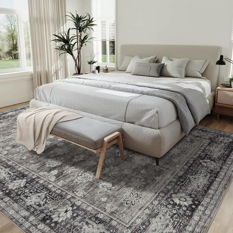 Vintage Washable Area Rug for Bedroom, Distressed Non-Slip Non-Shedding Floral Soft Throw Rugs for Living Room, Dining, Foyer(Brown)
