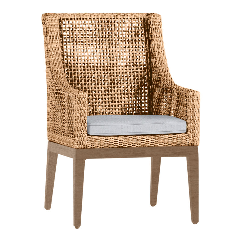 Chaise avec accoudoirs d'extérieur en résine et osier Pen-pena N-Dura, Welt, Lin chambray, Raphia / bois de santal