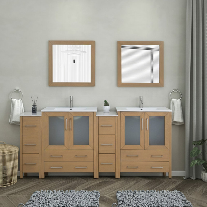  84" Double Bathroom Vanity Set with Mirror, Natural Oak