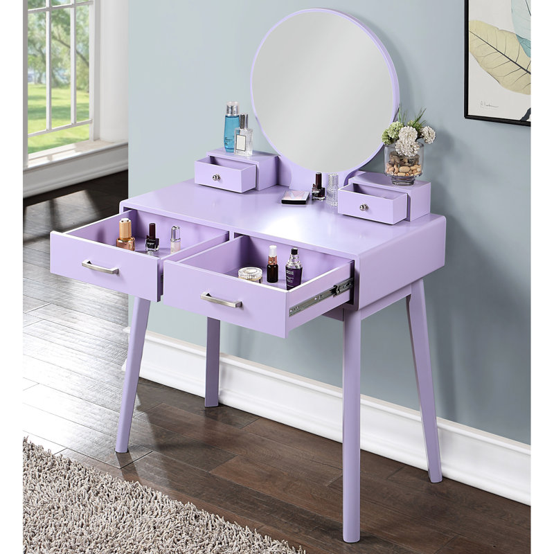 Contemporary Purple Vanity And Stool - Wood With Stool, Round Mirror, 12.6"W Dimension Table , Solid Construction, Purple