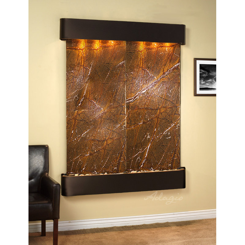 Majestic River Natural Stone Fountain with Light, Blackened Copper, Rainforest Brown Marble