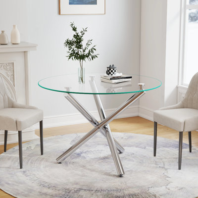 36" Round Clear Tempered Glass Dining Table with Metal Tube Legs, Silver