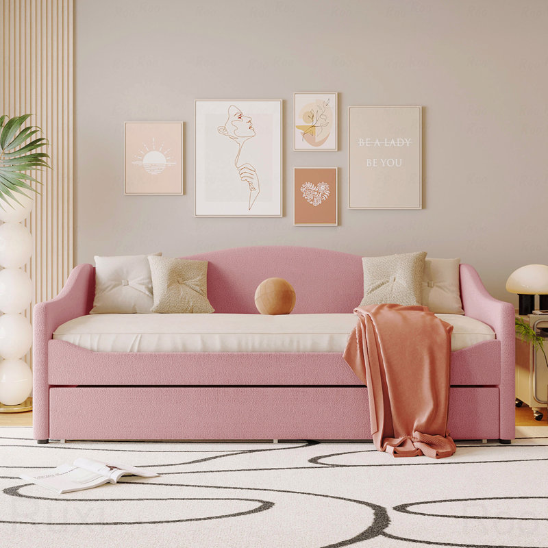 Twin Teddy Fleece Upholstered Daybed Frame, Light, Trundle, Twin, Pink