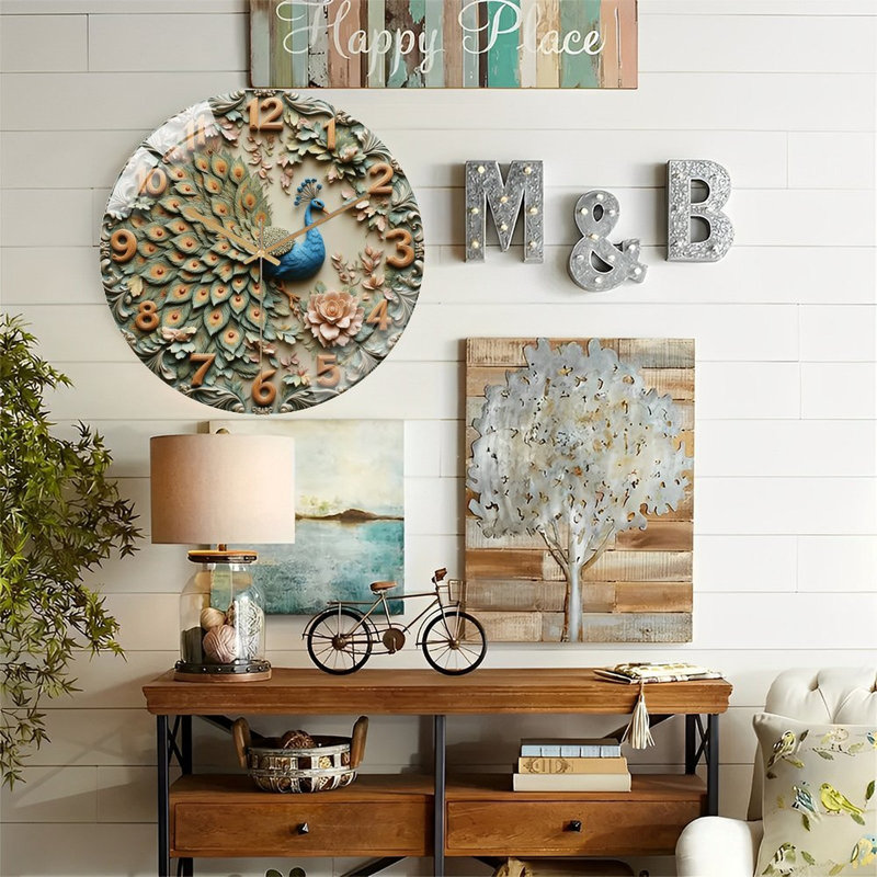 Horloge murale paon, horloge murale 12 po