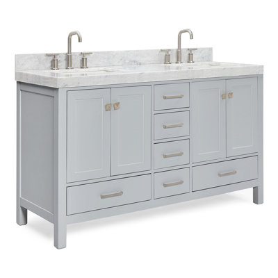 Cambridge 60'' Solid Wood Double Bathroom Vanity in Grey, with 2'' Carrara Marble Top, Center, Rectangle Sink