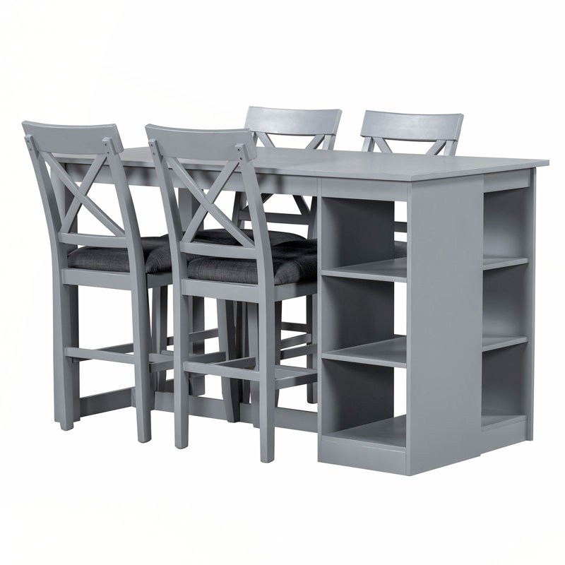 Counter Height Dining Table Set with 3-Tier Storage Shelves, Dark Grey, Grey, Grey