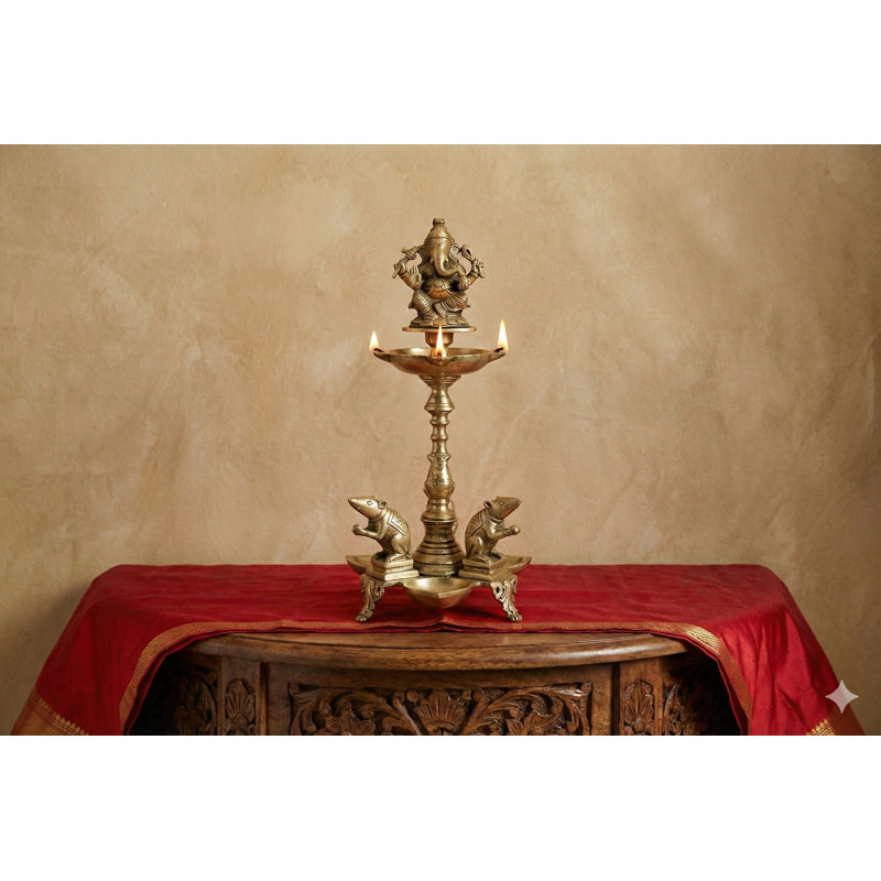 Sculpture de lampe à huile en laiton 15 po Ganesha 15 po avec trois Rats | Décoration traditionnelle indienne pour autel, entrée ou console
