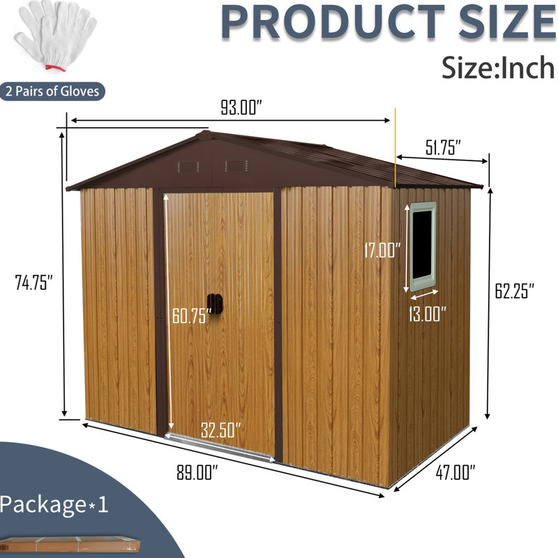 Remise de rangement en métal 8 pi x 4 pi pour la cour - Café. Avec base. Livré avec serrure, les gants et les accessoires facilitent les ouvertures d'aération extérieures de 8 pi x 4 pi. Possède une porte verrouillable, une base de sécurité pour fenêtre