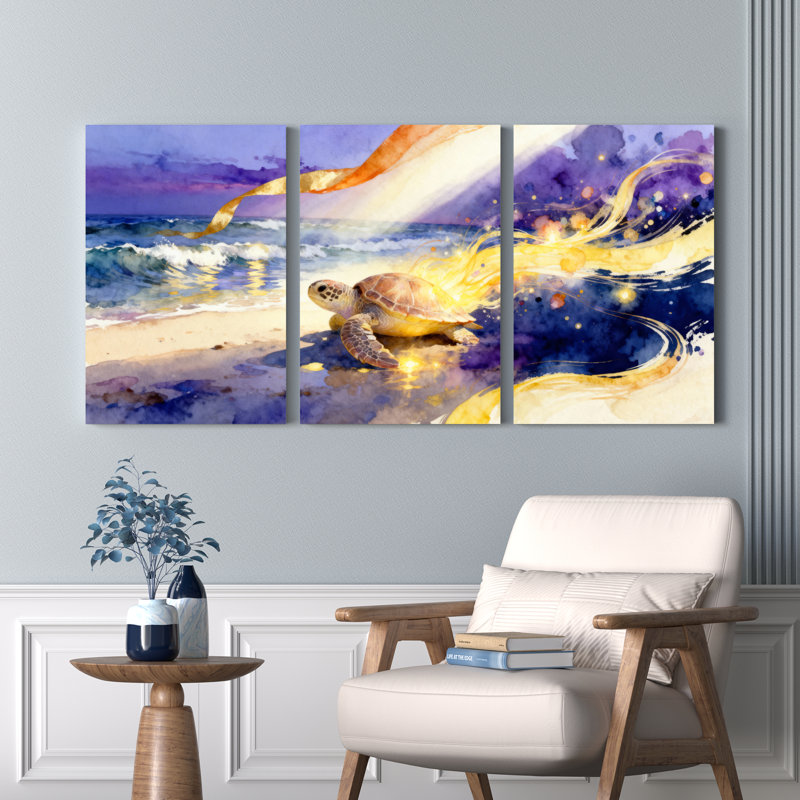 Tortue de mer et vagues dorées, ensemble de 3 reproductions d'art sur toile, H 18 po x l 36 po