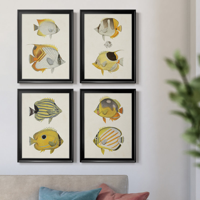 Jaune et gris poisson I, toile encadrée de qualité supérieure - prête à être accrochée, H 30,5 po x l 90 po x P 1 po