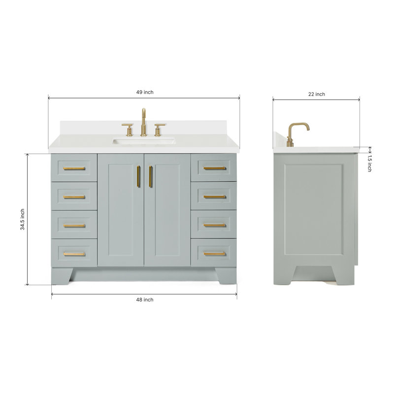 Freitas 48'' Solid Wood Single Bathroom Vanity, Gray, Rectangle, White Quartz