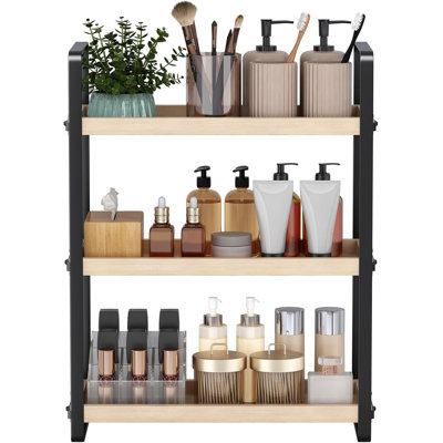 3-Tier Bathroom Counter Organizer, Sturdy Wooden Countertop Storage Shelf With Iron Frame, Space-Saving Makeup And Essentials Organizer For Bathroom Sink, Desk, And Living Spaces