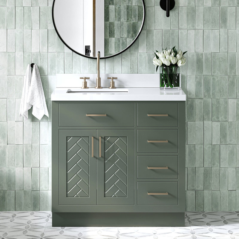 Ensemble de meuble-lavabo rectangulaire rectangulaire gauche 37 po avec comptoir à quartz blanc pur 1,5 po Chevron