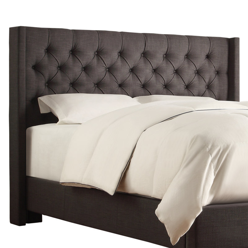 Lit tapissier capitonné standard à profil bas Kaster, Double, Lin gris foncé chiné