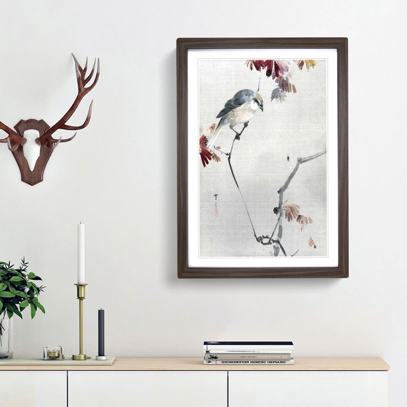 Bird Watching a Spider by Watanabe Seitei - Picture Frame Painting Print, 36cm H x 27cm W x 2cm D, Walnut Framed