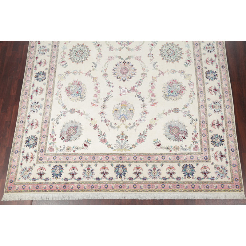 Tapis en soie beige/ivoire 9 pi 7 po x 13 po one-of-kind à la main noué la new age Remaley