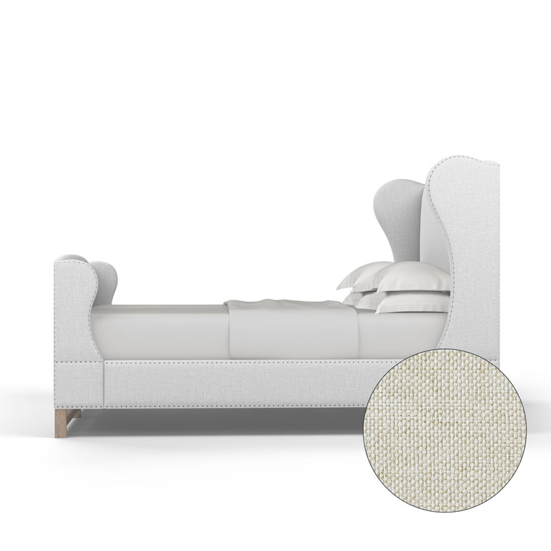 Herbert Upholstered Wingback Bed, Twin, Pebble Weave Linen Alabaster, Weathered
