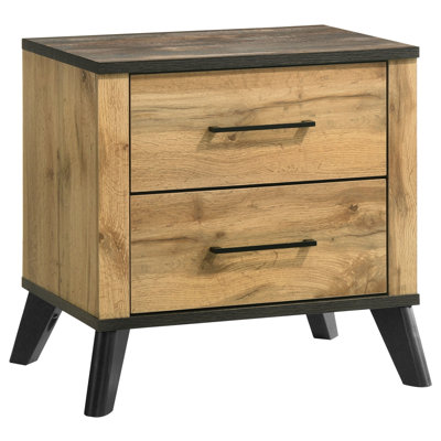  Table de chevet 2 tiroirs Mid-Century Modern - Table de chevet en pin naturel avec finition brun patiné