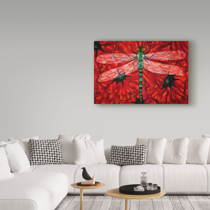 Reproduction de peinture acrylique sur toile tendue «Dragonfly and Poppies» Gulabacha, H 12 po x l 19 po x P 2 po