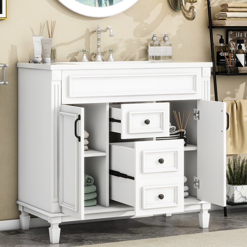 Meuble-lavabo blanc 36 po avec lavabo - armoire moderne 2 portes et tiroirs à fermeture douce Meuble de rangement en céramique spacieux et élégant