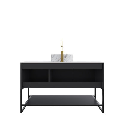 TULIO 48" Bathroom Vanity With Sink, Freestanding Bathroom Storage Cabinet With 3 Doors And Open Shelf, White Round Ceramic Basin With Stone Pattern And Carrara White Sintered Stone Countertop, Black