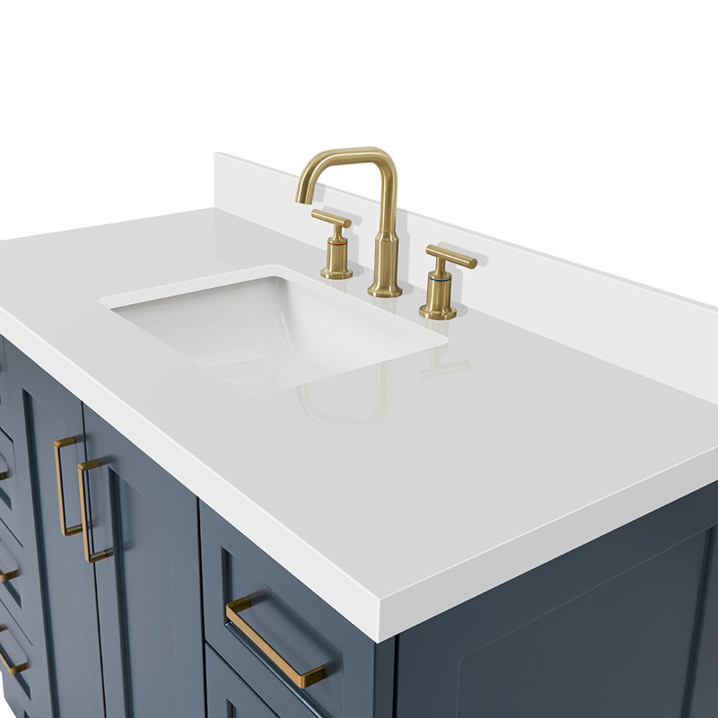 Freitas 48'' Solid Wood Single Bathroom Vanity, Midnight Blue, Rectangle, White Quartz