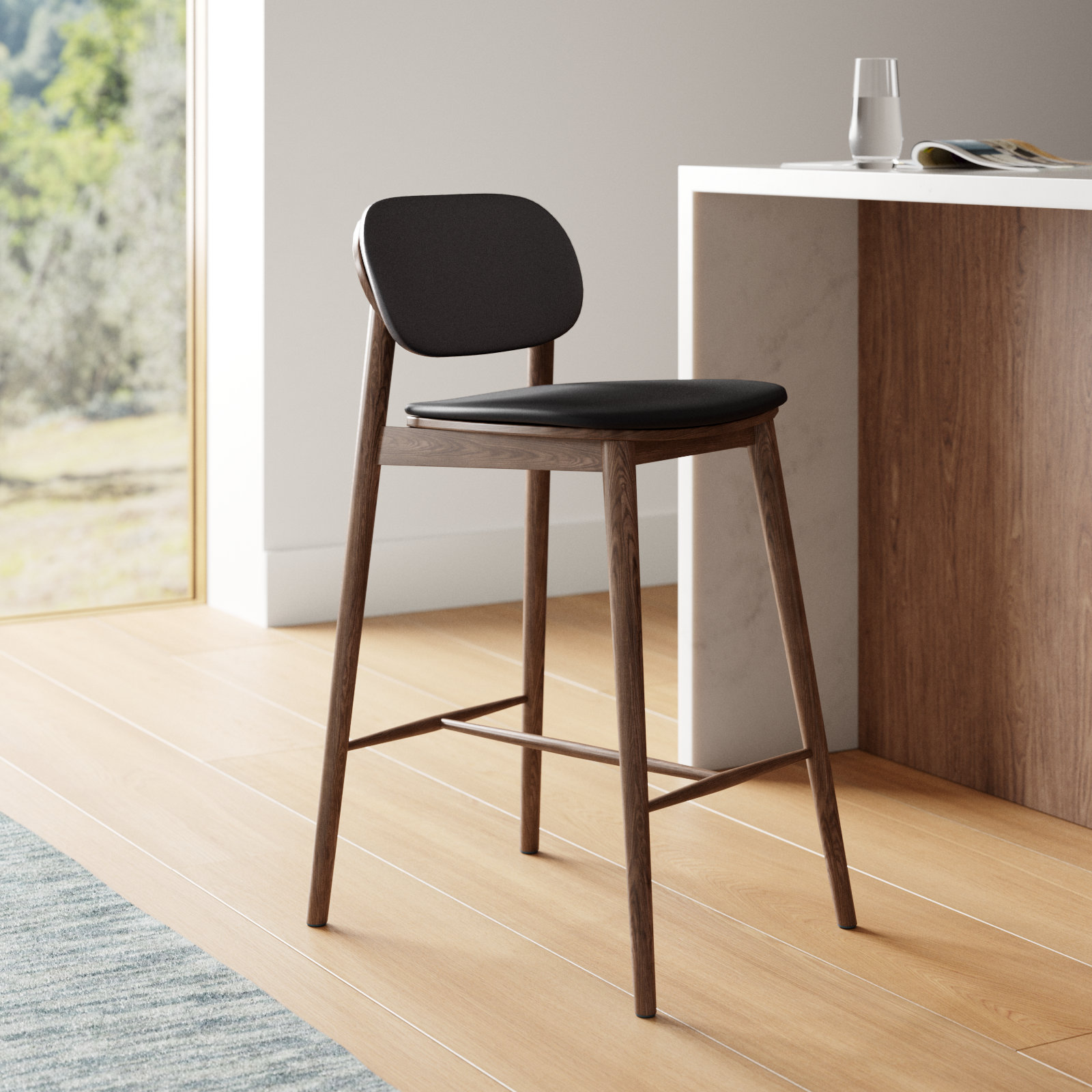 26" Genuine Leather Bar Stool, Black Leather//Walnut Frame