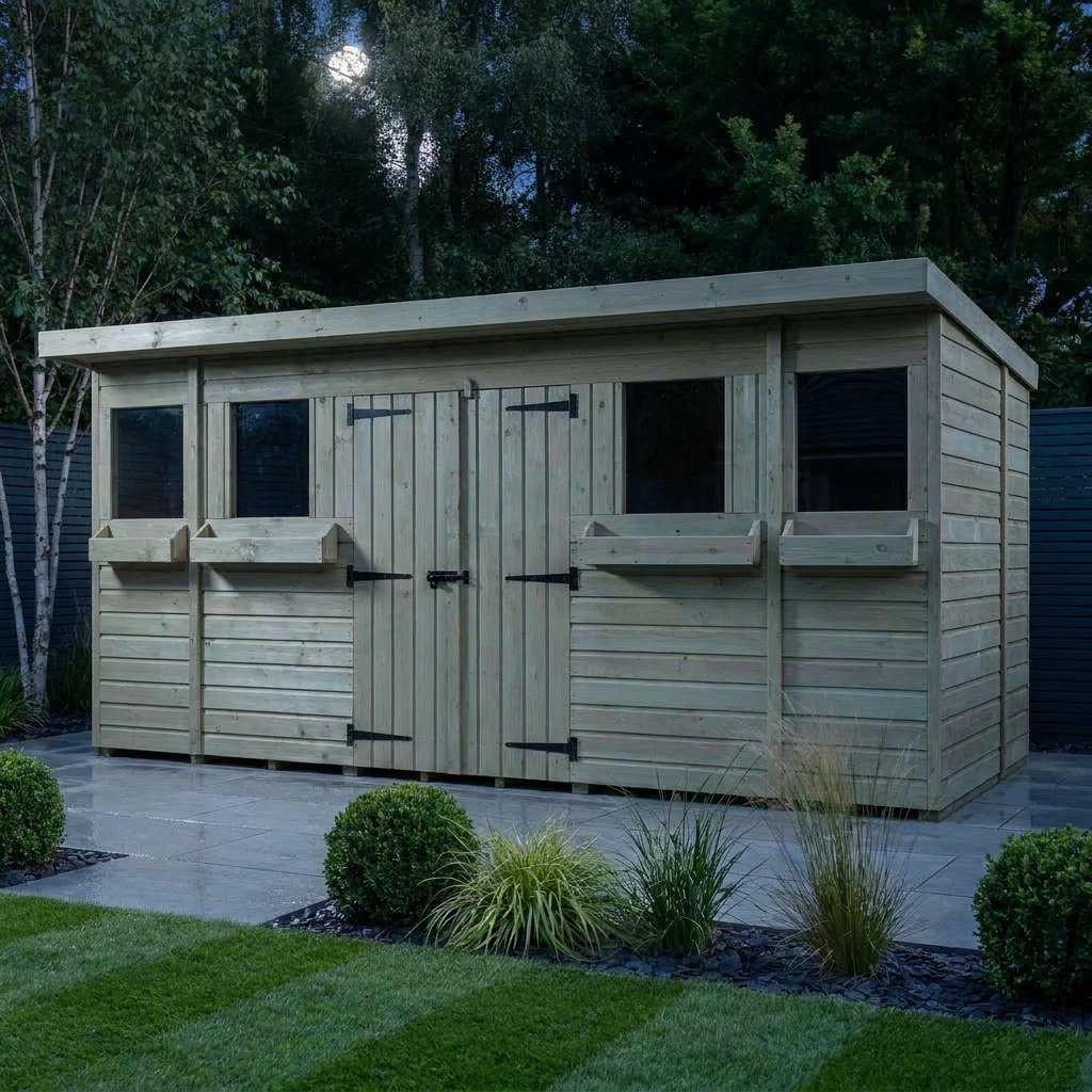 Total Sheds 14ft x 7ft Pent Summer Shed - Toughened Glass External Planters - Pressure Treated Timber - UK Manufactured