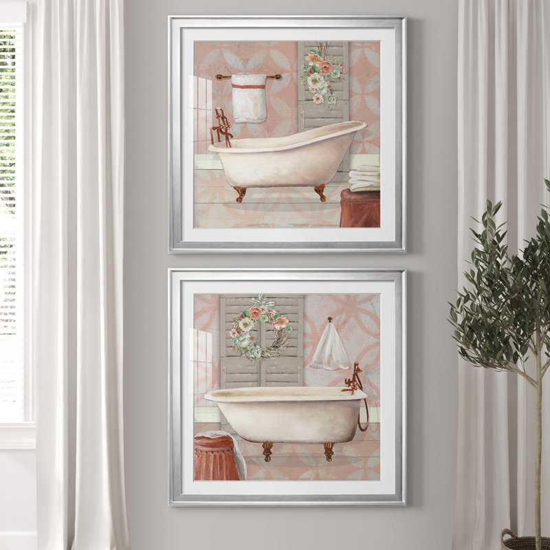 " Blushing Bath I " 2 - Pieces, 34.5" H x 69" W x 1.5" D, White, Silver Framed Paper