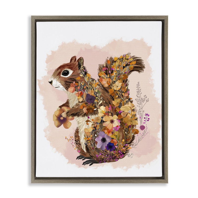 Art mural sur toile écureuil à motif de fleurs sauvages par Fab Funky, Cadre flottant orme Montalcino, H 21 po x l 17 po