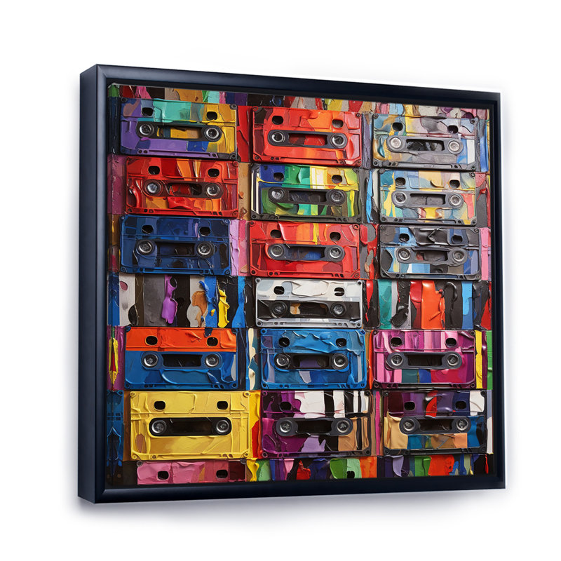 " Cassette Tapes Tape Mosaic II ", Black Floater Framed, 24" H x 24" W x 1" D
