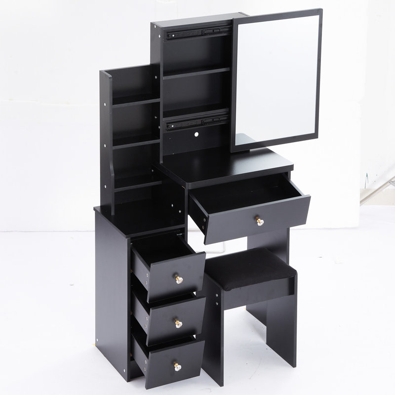 Left Bedside Cabinet Vanity With Three Color Switching Led Mirror, Adjustable Brightness, Cushioned Stool, For Compact Living Spaces Small Sized Table Touch-Control & Brightness Adjustable,