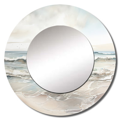 Ruksin Coastal Ocean Charm In Winter IV - Ocean Large Wall Mirror, Beige Round Unique Mirror, Printed Metal Art