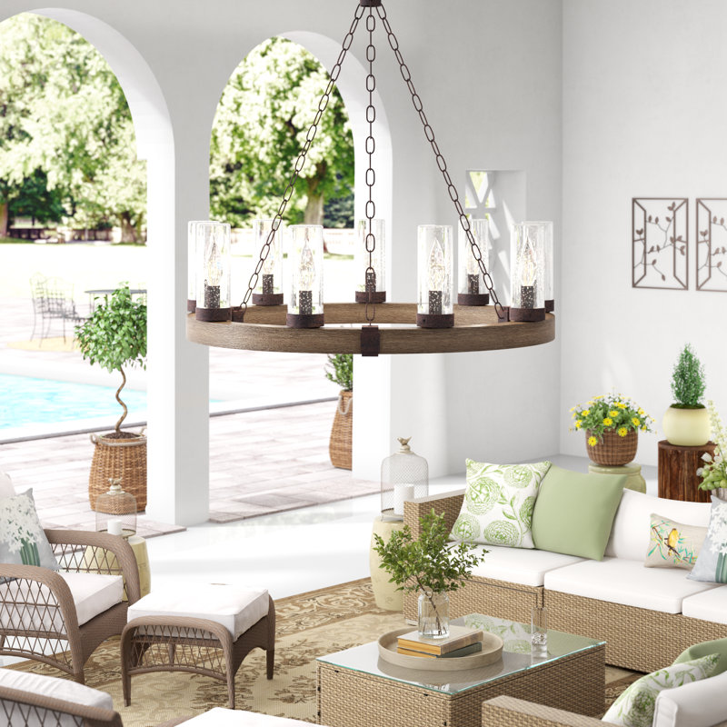 Sawyer 9-Light Single Tier Outdoor Rustic Chandelier, Sequoia Wood