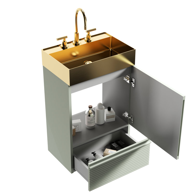 Meuble-lavabo moderne sur pied de 51 cm (20 po) avec lavabo monobloc en or brossé, E1, tiroir à fermeture amortie, option de fixation murale, embout en métal