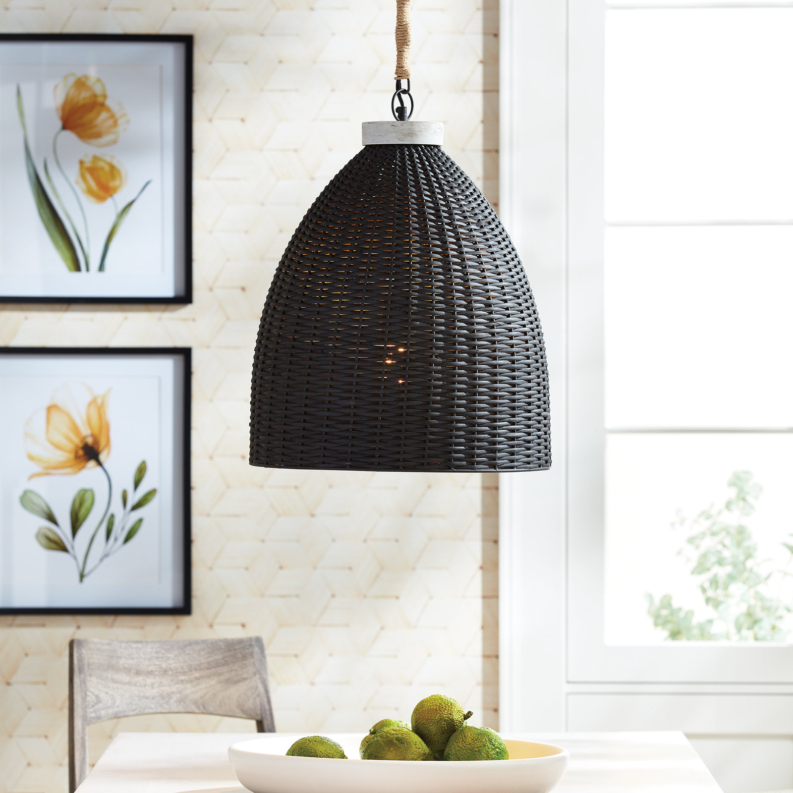 Olsen Single Light Rattan Dimmable Pendant, 92" H x 18" W x 18" D , Blackwash