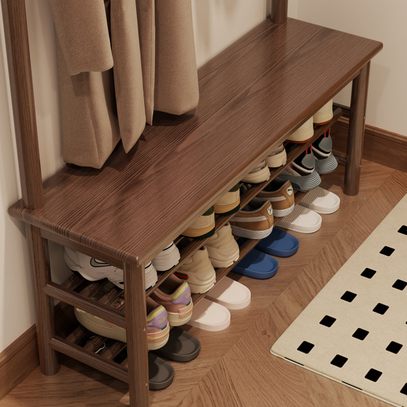 Arbre d'entrée en bois massif avec banc et rangement pour chaussures, rangement pour hall d'entrée avec 11 crochets et étagère à chaussures à deux niveaux pour vestibule ou couloir