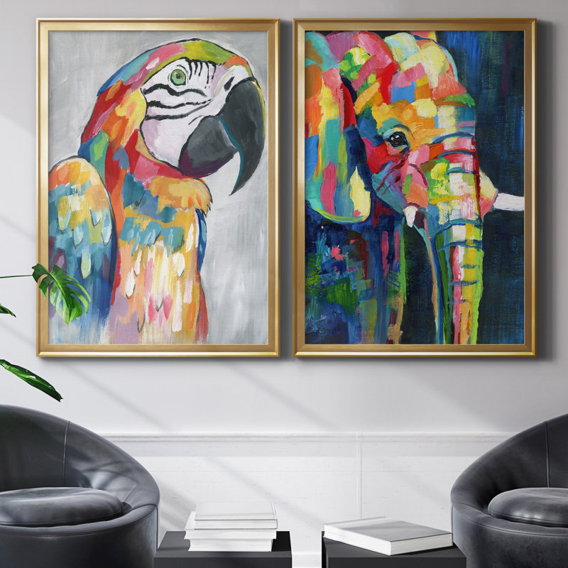 «Vibrant Parrot», ensemble de 2 reproductions d'impressions, H 18,5 po x l 49 po x P 1,5 po, Toile encadrée dorée