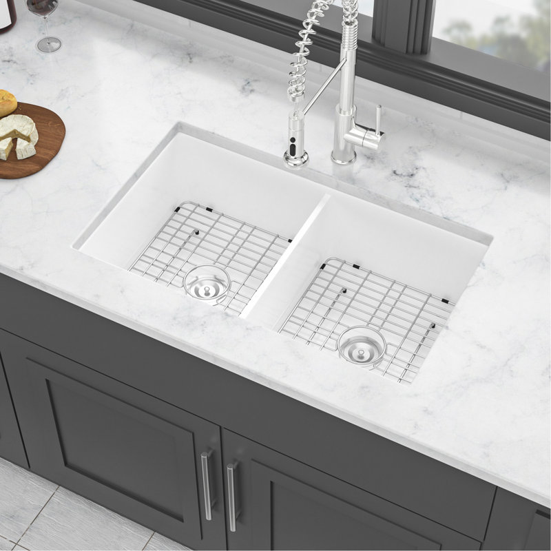 Ceramic Double Bowl Kitchen Sink 32" - White Rectangular Basin For Stain- Use